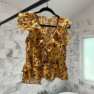 Ulla Johnson Mustard Floral Ruffle Blouse